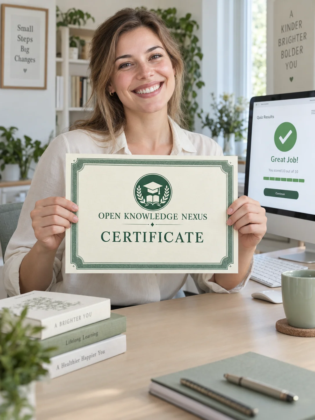 Улыбающаяся участница с сертификатом OPEN KNOWLEDGE NEXUS